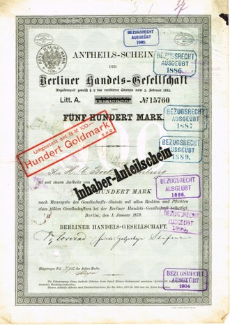 Artikelnr. AP250 Berliner Handelsgesellschaft 4er Set Anteilscheine 1879,1886,1889,1891 mit Original-Unterschriften