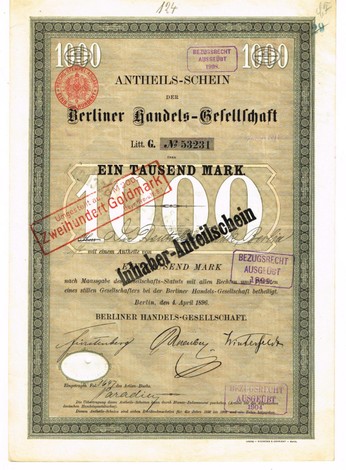 Artikelnr. AP364 Berliner Handelsgesellschaft Anteilschein von 1879 mit Unterschrift von Walter Rathenau