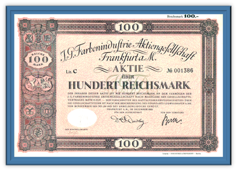 Artikelnr. AP2500 Gründeraktie der IG Farben von 1925 gerahmt