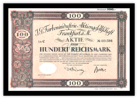 Artikelnr. AP2501 Gründeraktie der IG Farben von 1925  mit schwarzem Rahmen
