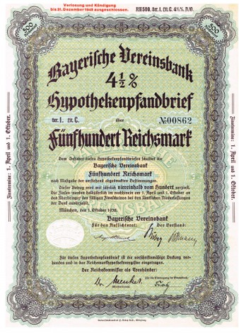 Artikelnr. AP253 Bayerische Vereinsbank Hypothekenpfandbrief 500 RM 4,5 %  Serie1