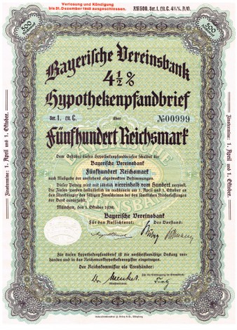 Artikelnr. AP254 Bayerische Vereinsbank Hypothekenpfandbrief 500 RM 4,5 %  Serie1