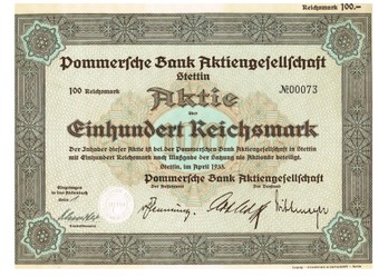 Artikelnr. AP305  Pommersche Bank AG Aktie vom April 1933 Wert 100 RM