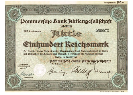 Artikelnr. AP305  Pommersche Bank AG Aktie vom April 1933 Wert 100 RM