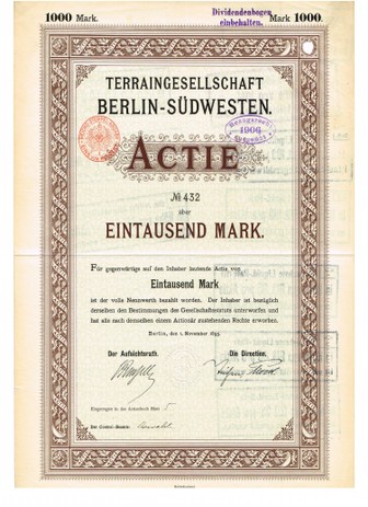 Artikelnr. AP313 Actie von 1895 Ausgabewert 1000 Mark