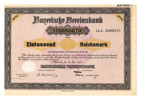 Artikelnr. AP329 Bayerische Vereinsbank Stammaktie vom 24.03.1925 Nr.372 Wert 1000 Reichsmark