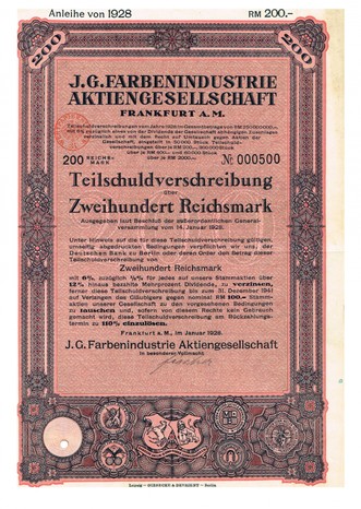 Artikelnr. AP342 IG FarbenTeilschuldverschreibung von 1928 Nr. 000500 Wert 200 RM