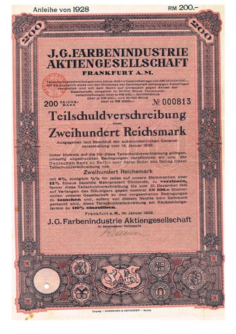 Artikelnr. AP343 IG FarbenTeilschuldverschreibung von 1928 Nr. 000813 Wert 200 RM