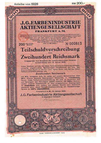 Artikelnr. AP343 IG FarbenTeilschuldverschreibung von 1928 Nr. 000813 Wert 200 RM