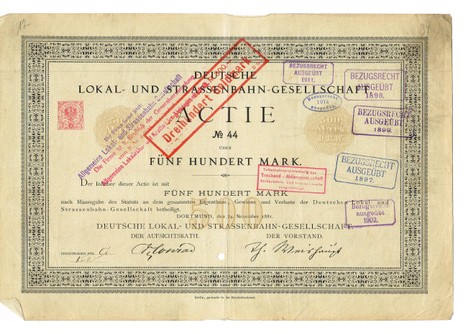 Deutsche Lokal - und Strassenbahn - Gesellschaft Artikelnr. AP344 Aktie vom 24.11.1881 Nr.44 Wert 500 Mark