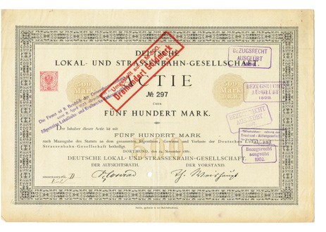 Deutsche Lokal - und Strassenbahn - Gesellschaft Artikelnr. AP345 Aktie vom 24.11.1881 Nr.297 Wert 500 Mark