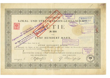 Deutsche Lokal - und Strassenbahn - Gesellschaft Artikelnr. AP351 Aktie vom 24.11.1881 Nr.998 Wert 500 Mark