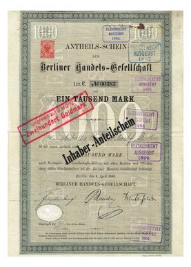 Artikelnr. AP354 Berliner Handelsgesellschaft Anteilschein vom April1886 Nr.383 Wert 1000 Mark