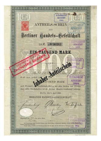 Artikelnr. AP354 Berliner Handelsgesellschaft Anteilschein vom April1886 Nr.383 Wert 1000 Mark