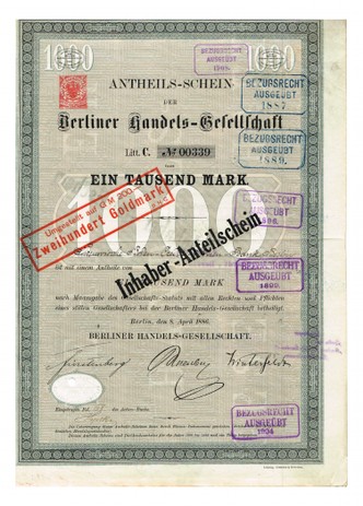 Artikelnr. AP355 Berliner Handelsgesellschaft Anteilschein vom April1886 Nr.339 Wert 1000 Mark