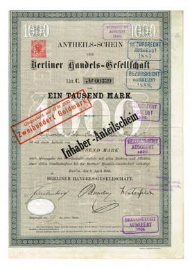 Artikelnr. AP355 Berliner Handelsgesellschaft Anteilschein vom April1886 Nr.339 Wert 1000 Mark