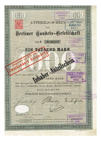 Artikelnr. AP357 Berliner Handelsgesellschaft Anteilschein vom April1886 Nr.492 Wert 1000 Mark
