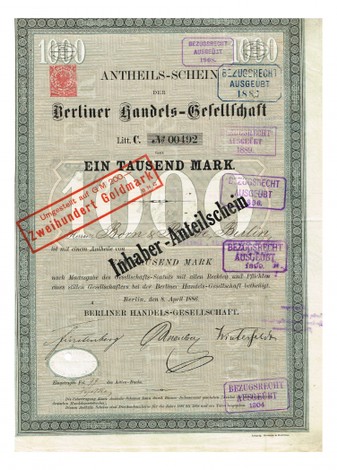 Artikelnr. AP357 Berliner Handelsgesellschaft Anteilschein vom April1886 Nr.492 Wert 1000 Mark
