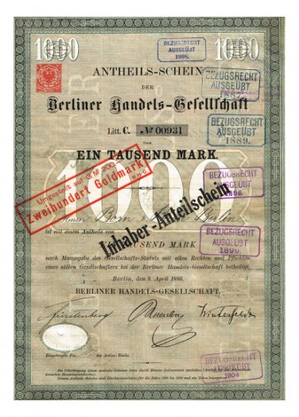 Artikelnr. AP360 Berliner Handelsgesellschaft Anteilschein vom April1886 Nr.931 Wert 1000 Mark