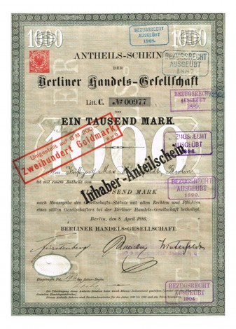 Artikelnr. AP361 Berliner Handelsgesellschaft Anteilschein vom April1886 Nr.977 Wert 1000 Mark1