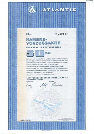 Atlantis Luftfahrtunternehmen Artikelnr. AP186  Aktie vom September 1969 Nennwert 50 D-Mark