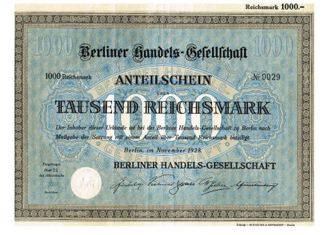 Artikelnr. AP301 Berliner Handelsgesellschaft Anteilschein von 1928Nr.0029  Wert 1000 RM