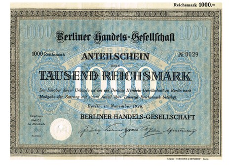 Artikelnr. AP301 Berliner Handelsgesellschaft Anteilschein von 1928Nr.0029  Wert 1000 RM