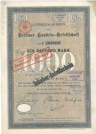 Artikelnr. AP107 3 Stück Berliner Handelsgesellschaft Anteilscheine vom November 1891 Wert 1000 Mark 3er Set