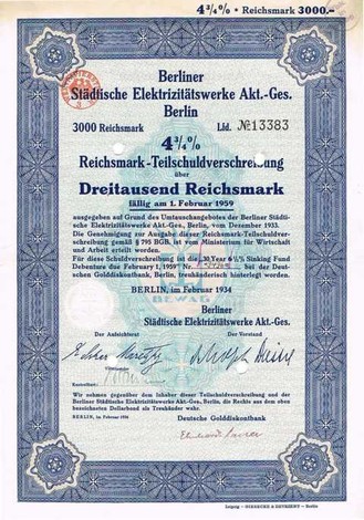 Artikelnr. AP150 Berliner städt. Elektrizitätswerke AG  Teilschuldverschreibung 4,75 % Wert 3000 Reichsmark1