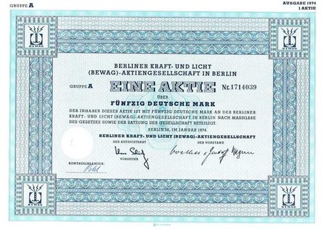 Artikelnr. AP195 Berliner Kraft und Licht (BEWAG) Aktie vom Januar 1974  Nennwert 50 D-Mark
