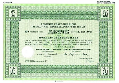 Artikelnr. AP197 Berliner Kraft und Licht (BEWAG) Aktie vom April 1961 Nennwert 200 D-Mark 