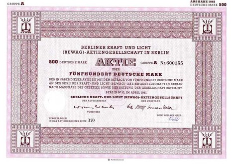 Artikelnr. AP198 Berliner Kraft und Licht (BEWAG) Aktie vom April 1961 Nennwert 500 D-Mark