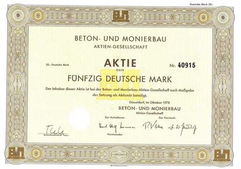 Artikelnr. AP202 Beton- und Monierbau Aktie vom Oktober 1978 Nennwert 50 D-Mark