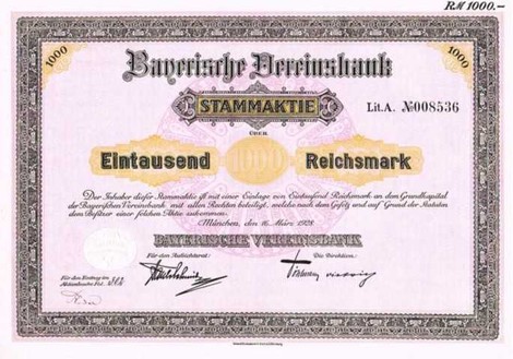 Artikelnr. AP113 Bayerische Vereinsbank Stammaktie vom 16.03.1928 Wert 1000 RM