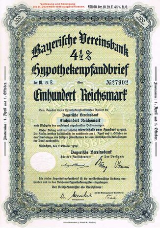 Artikelnr. AP123Bayerische Vereinsbank  Hypothekenpfandbrief  100 RM 4,5 %  Serie 10