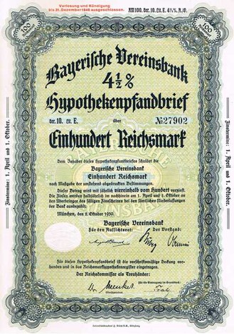 Artikelnr. AP123Bayerische Vereinsbank  Hypothekenpfandbrief  100 RM 4,5 %  Serie 10