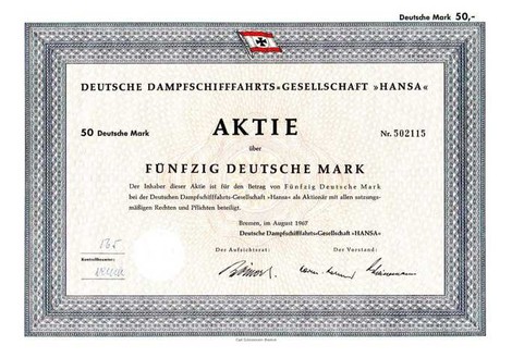 Artikelnr. AP 178 Deutsche Dampfschiff Hansa Aktie von August 1987 Nennwert 50 D-Mark