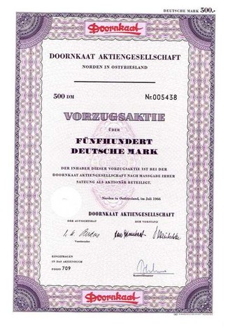 Artikelnr. AP190 Doornkaat Aktie vom Juli 1966 Nennwert 500 D-Mark