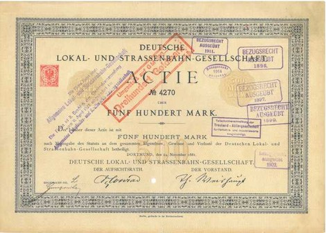 Deutsche Lokal - und Strassenbahn - Gesellschaft Artikelnr. AP132 Aktie vom 24.11.1881 Wert 500 Mark
