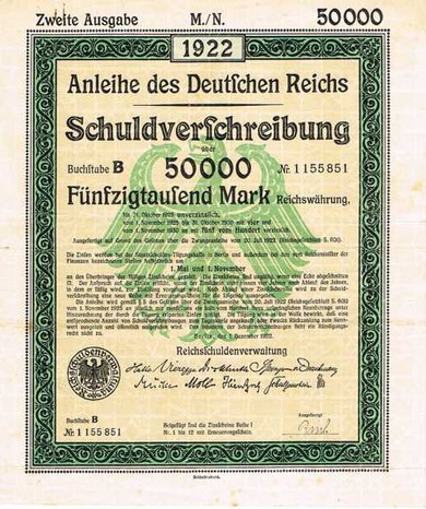 Artikelnr.AP141 Deutsches Reich Schuldverschreibung vom 20.07.1922 Wert 50000 Mark