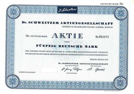 Artikelnr. AP189 Dr. Schweitzer Aktie vom Juli 1970 Nennwert 50 D-Mark