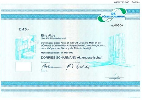 Artikenr. AP199 Dörris-Scharmann Aktie vom Mai 1995 Nennwert 5 D-Mark