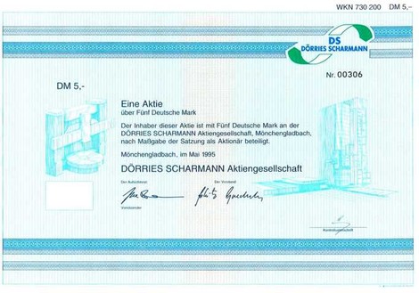 Artikenr. AP199 Dörris-Scharmann Aktie vom Mai 1995 Nennwert 5 D-Mark