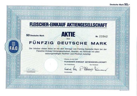 Artikelnr. AP183 Fleischer-Einkauf-AG Aktie vom Juni 1976 Nennwert 50 D-Mark