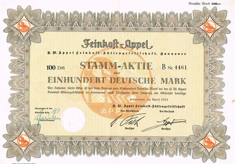 Artikelnr. AP151 Feinkost Appel Stammaktie vom April 1953 Wert einhunder D-Mark