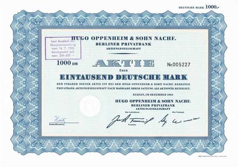 Artikelnr. AP137  Hugo Oppermann Stammaktie vom Dezember 1964 Wert 1000 DMark