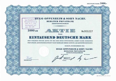 Artikelnr. AP137  Hugo Oppermann Stammaktie vom Dezember 1964 Wert 1000 DMark