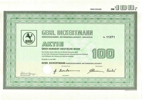 Artikelnr. AP207 Gebr. Dickertmann Aktie vom Juli 1987 Nennwert 100 D-Mark
