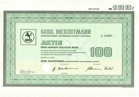 Artikelnr. AP207 Gebr. Dickertmann Aktie vom Juli 1987 Nennwert 100 D-Mark