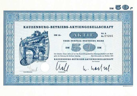 Artikelnr. AP179 Kauzenburg Aktie vom Oktober 1970 Nennwert 50 D-MArk